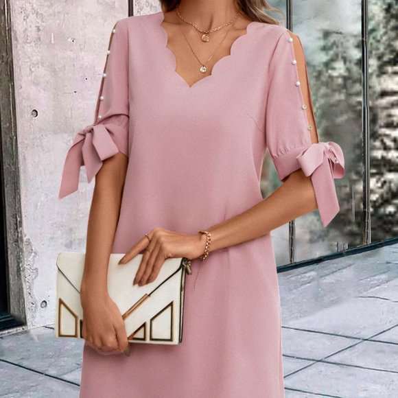 Pink Casual Womens Pearls Beaded Scallop Trim Knot Cuff Tunic Dress - Picture 5 of 5